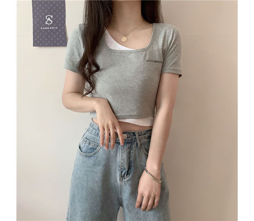 Lettering Mock Crop Short-Sleeve Two-Piece T-Shirt