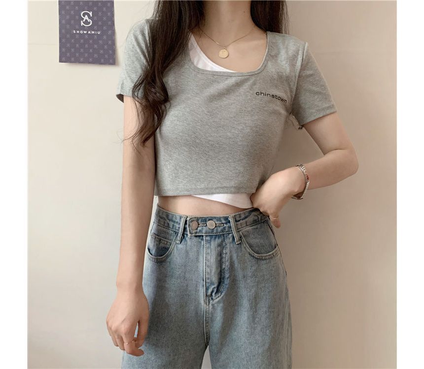 Lettering Mock Crop Short-Sleeve Two-Piece T-Shirt