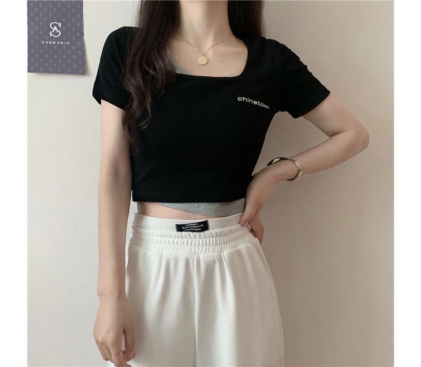 Lettering Mock Crop Short-Sleeve Two-Piece T-Shirt