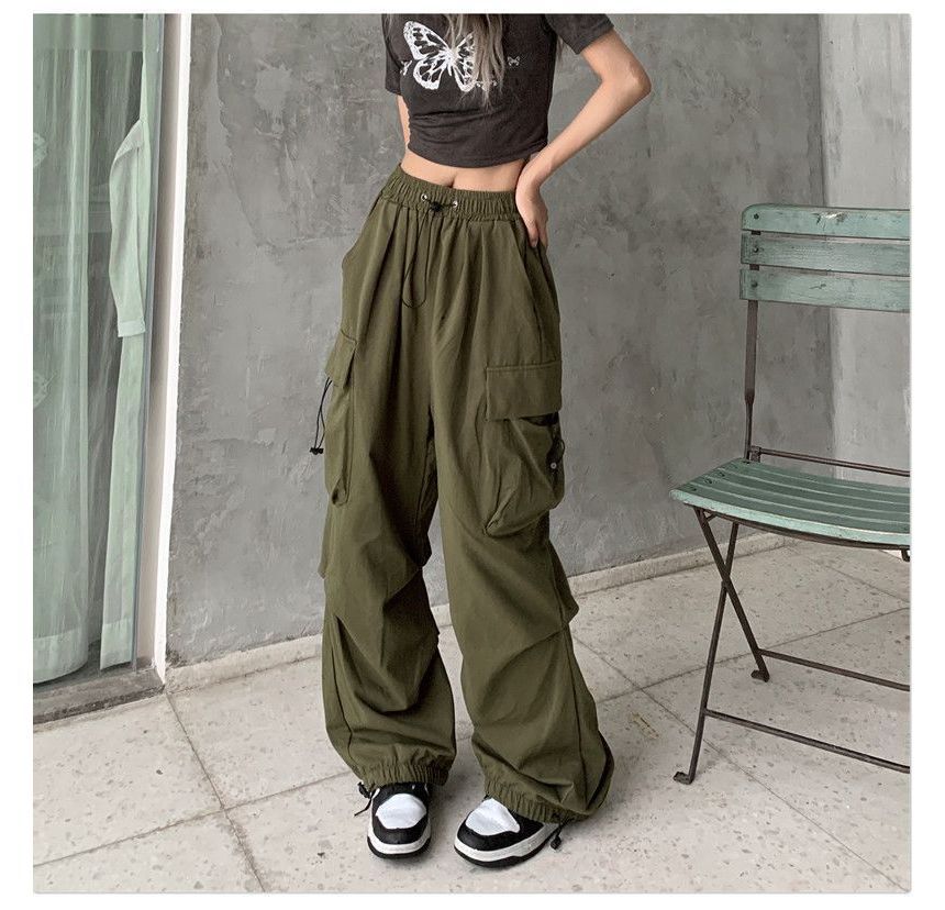 Wide Cargo Leg Drawstring Waist Plain Pants