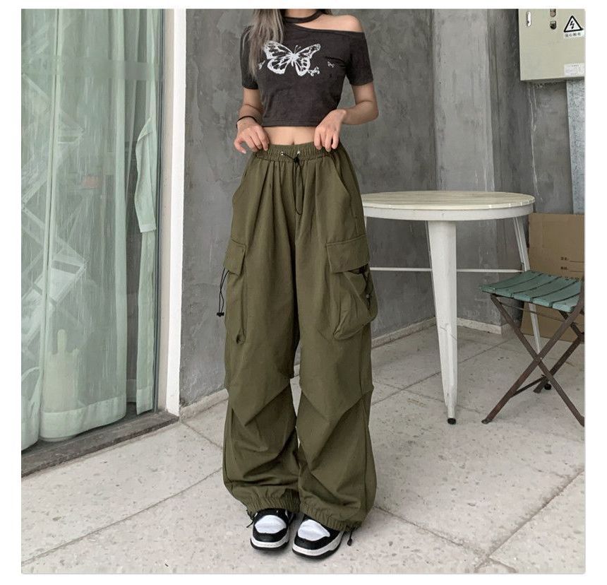 Wide Cargo Leg Drawstring Waist Plain Pants
