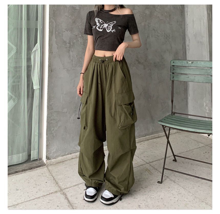Wide Cargo Leg Drawstring Waist Plain Pants