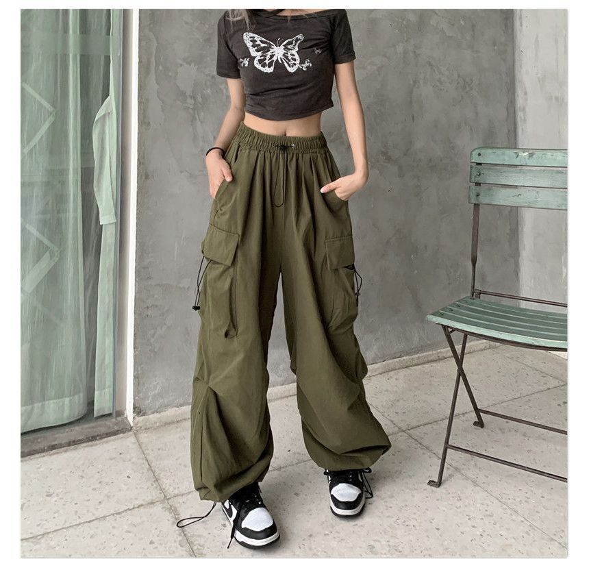 Wide Cargo Leg Drawstring Waist Plain Pants