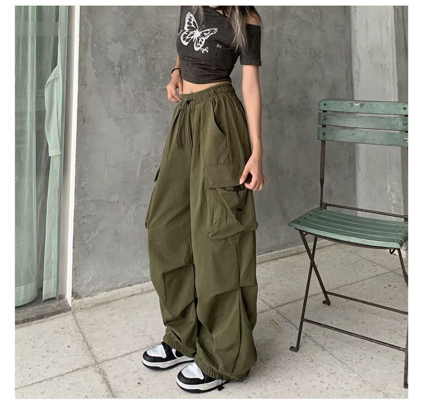 Wide Cargo Leg Drawstring Waist Plain Pants