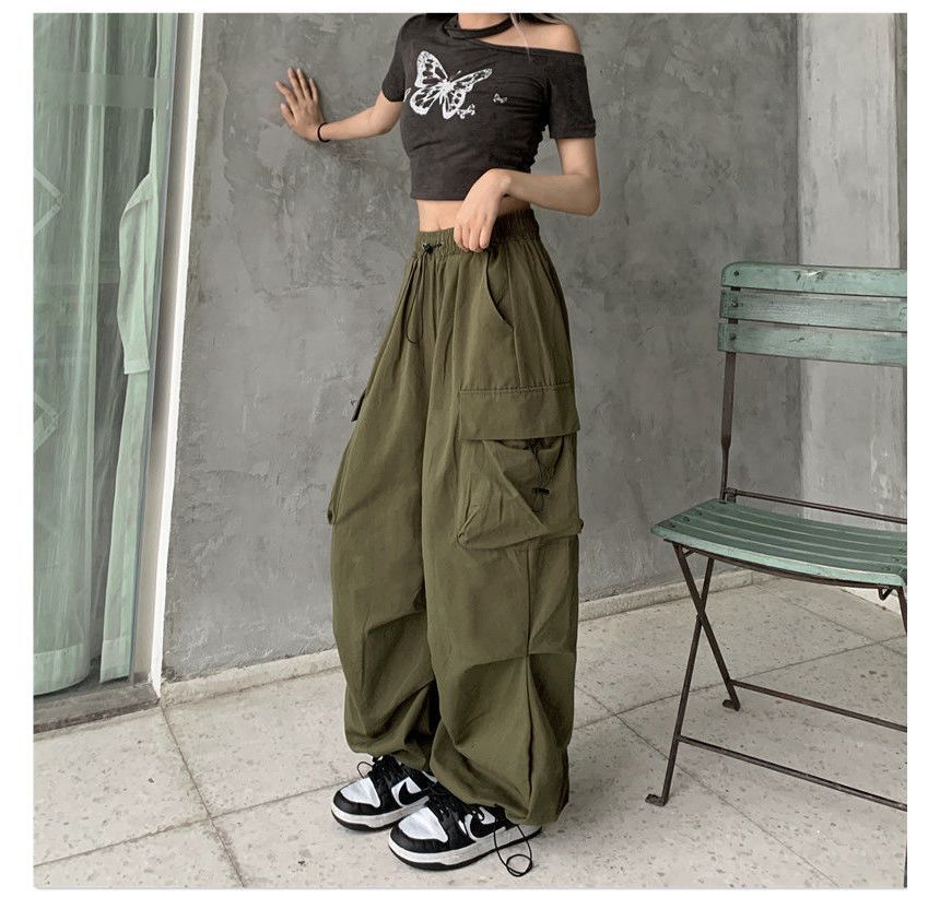 Wide Cargo Leg Drawstring Waist Plain Pants