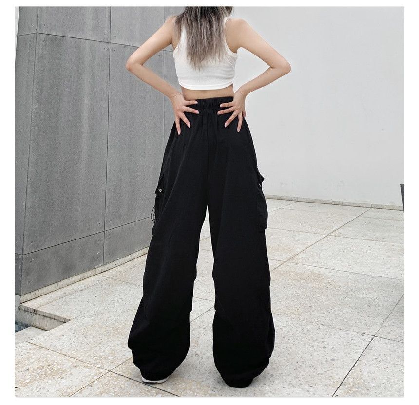 Wide Cargo Leg Drawstring Waist Plain Pants