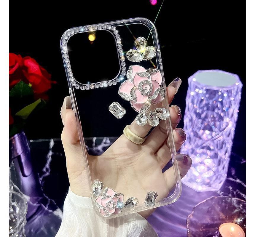 Rhinestone Phone Floral Transparent Case