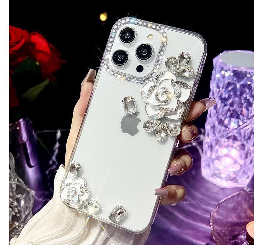 Rhinestone Phone Floral Transparent Case
