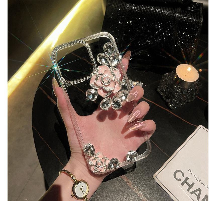 Rhinestone Phone Floral Transparent Case