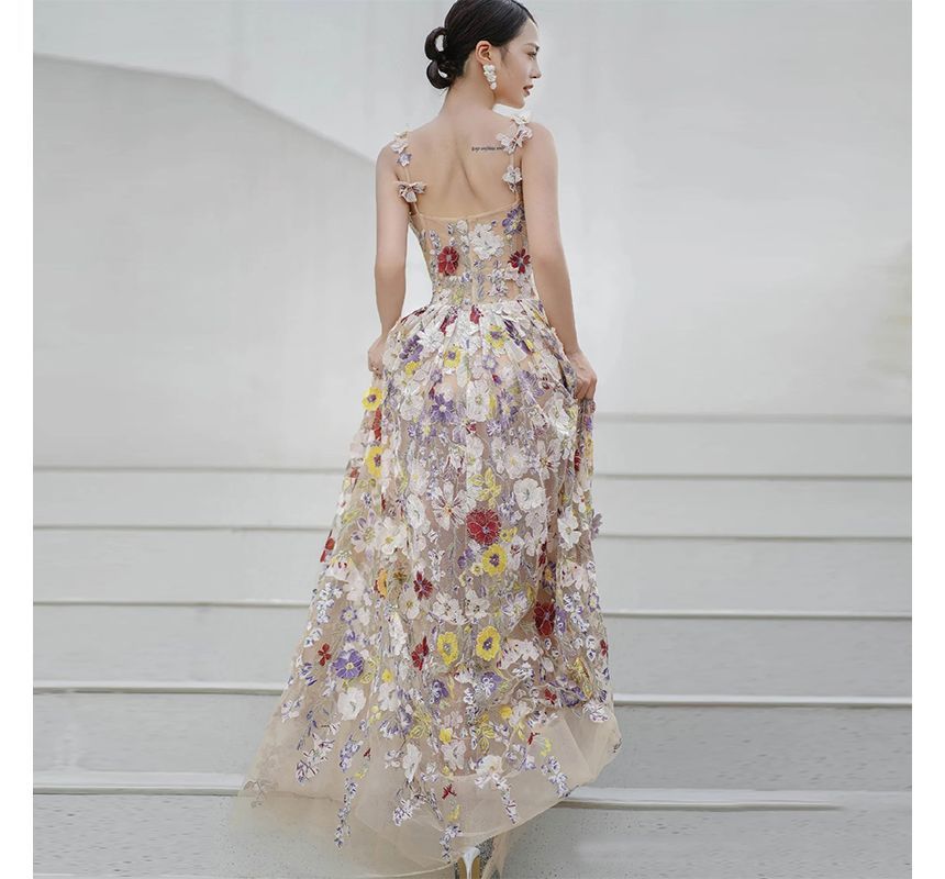 Accent Spaghetti Flower A-Line Cocktail Evening Mesh Strap Midi Dress Gown /