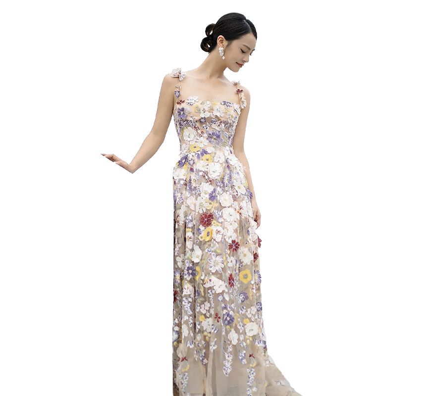 Accent Spaghetti Flower A-Line Cocktail Evening Mesh Strap Midi Dress Gown /