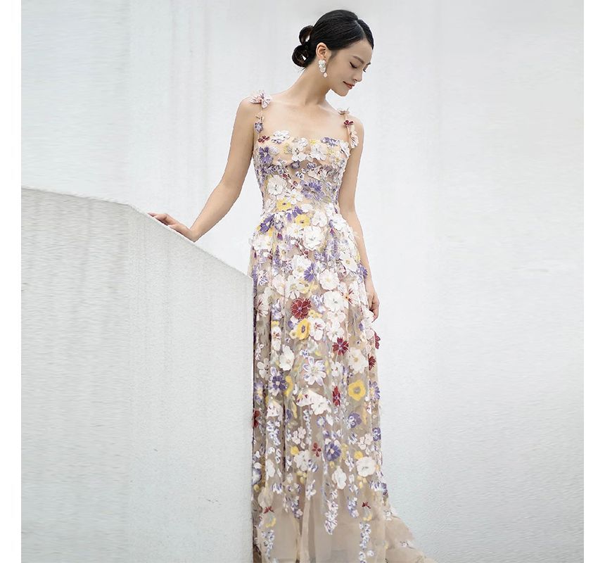 Accent Spaghetti Flower A-Line Cocktail Evening Mesh Strap Midi Dress Gown /