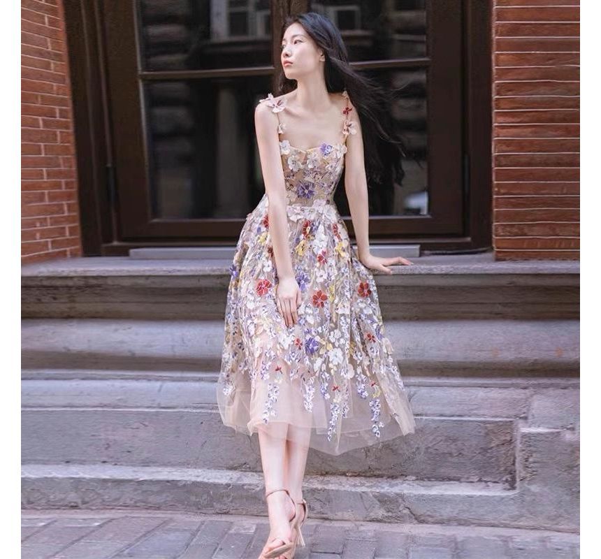 Accent Spaghetti Flower A-Line Cocktail Evening Mesh Strap Midi Dress Gown /