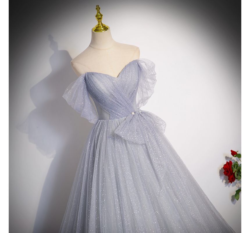 Evening Gown Short-Sleeve Mesh Off A-Line Plain Glitter Shoulder