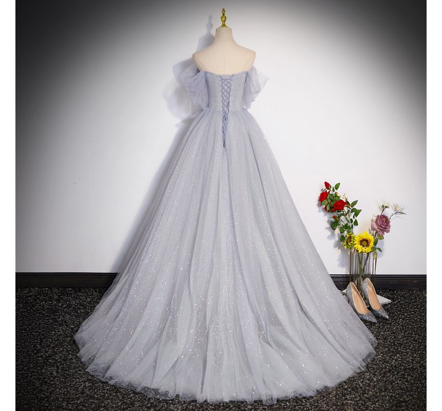 Evening Gown Short-Sleeve Mesh Off A-Line Plain Glitter Shoulder