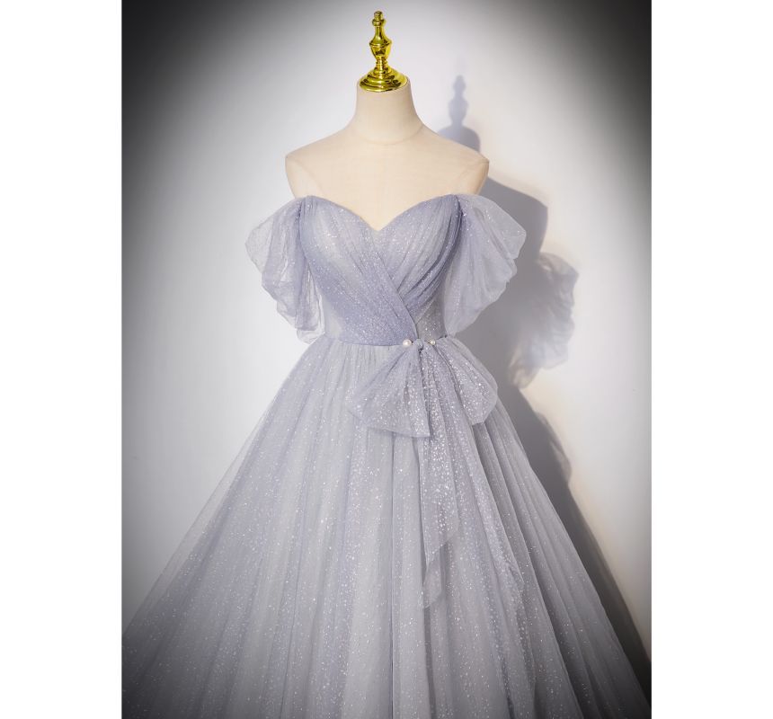 Evening Gown Short-Sleeve Mesh Off A-Line Plain Glitter Shoulder