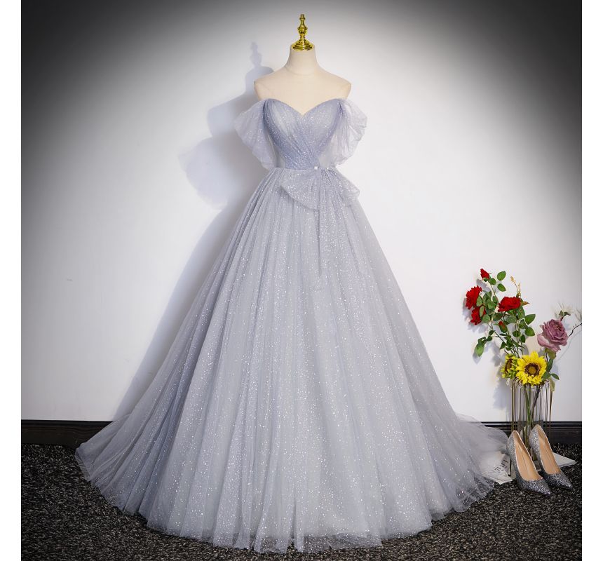 Evening Gown Short-Sleeve Mesh Off A-Line Plain Glitter Shoulder