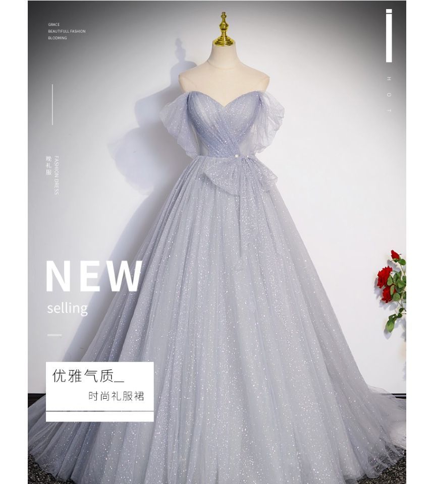 Evening Gown Short-Sleeve Mesh Off A-Line Plain Glitter Shoulder