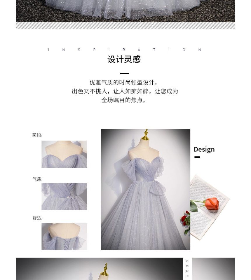 Evening Gown Short-Sleeve Mesh Off A-Line Plain Glitter Shoulder