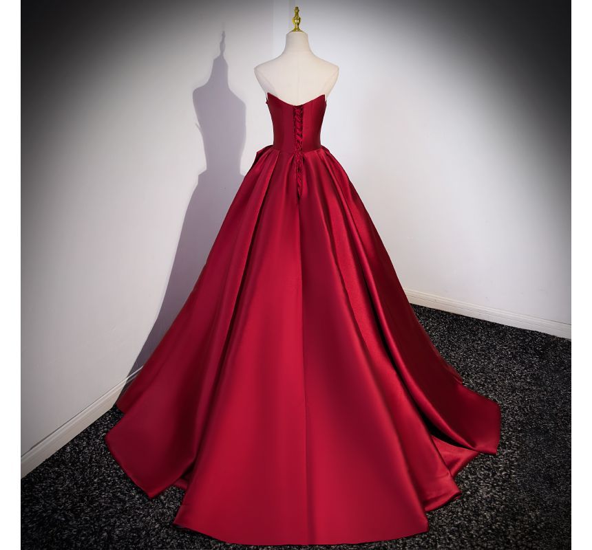 Tube Bow Plain A-Line Evening Gown Satin