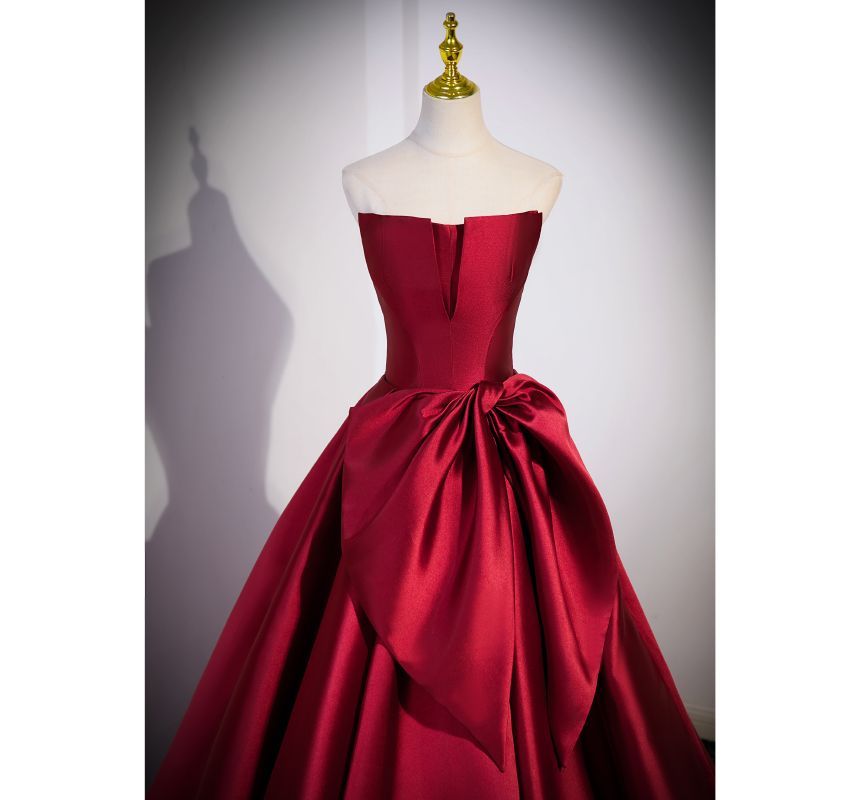 Tube Bow Plain A-Line Evening Gown Satin