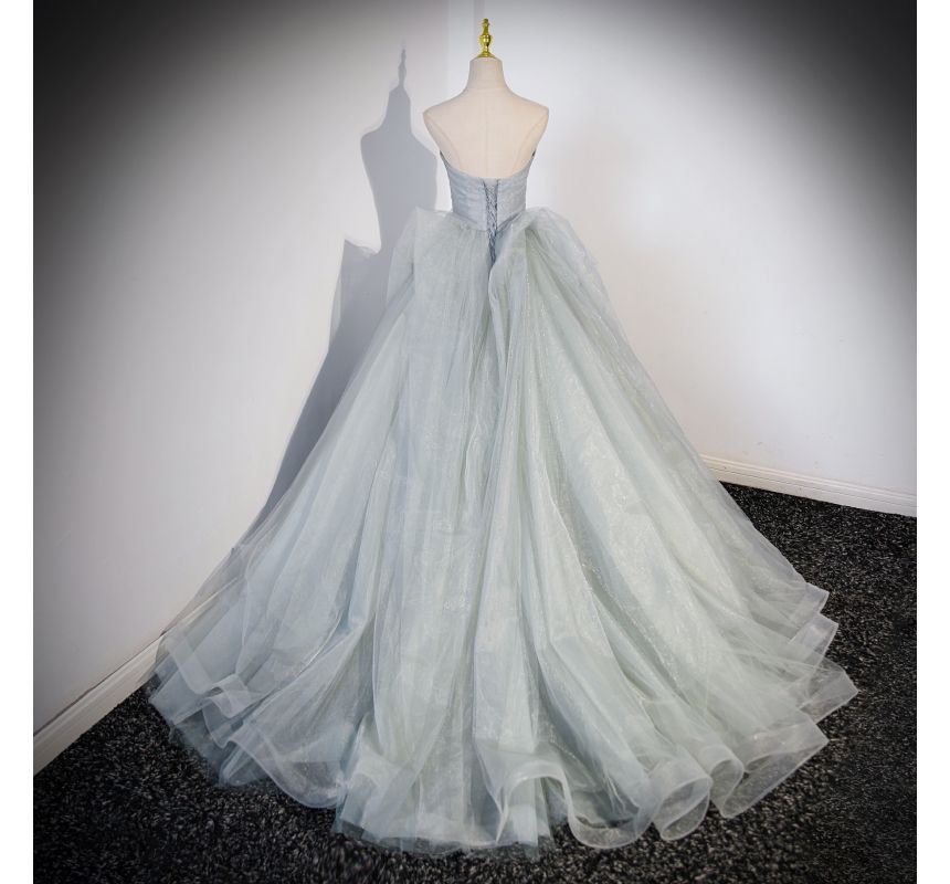 Ruched A-Line Plain Gown Bow Mesh Evening Tube