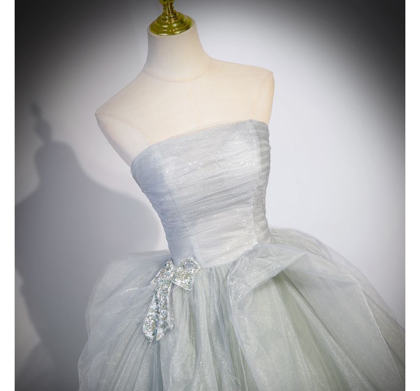 Ruched A-Line Plain Gown Bow Mesh Evening Tube