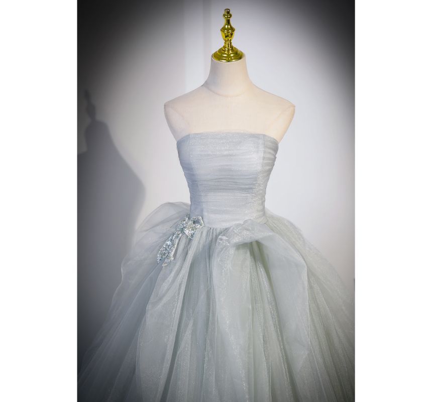 Ruched A-Line Plain Gown Bow Mesh Evening Tube