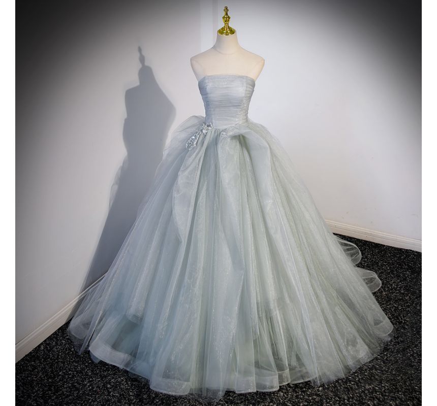 Ruched A-Line Plain Gown Bow Mesh Evening Tube