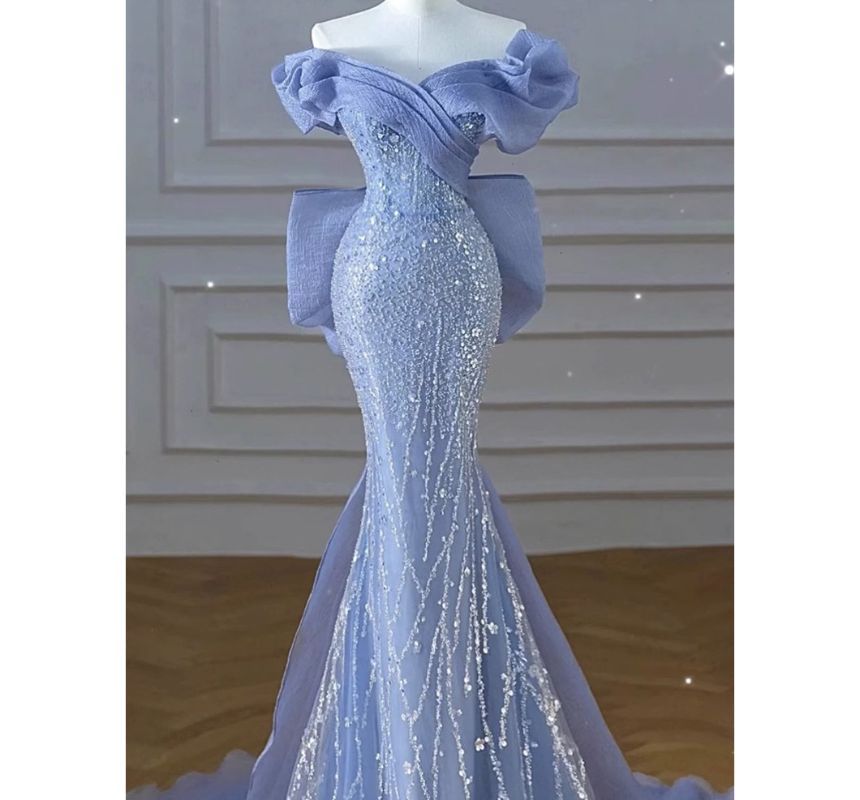 Bow Gown Short-Sleeve Sequin Panel Ruched Off Shoulder Mermaid Evening