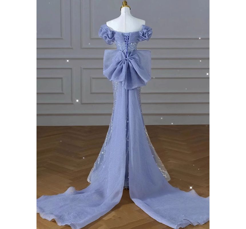 Bow Gown Short-Sleeve Sequin Panel Ruched Off Shoulder Mermaid Evening