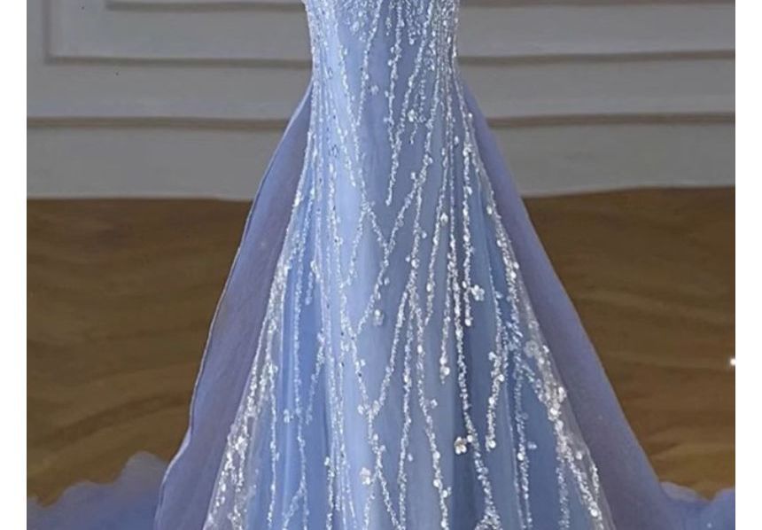 Bow Gown Short-Sleeve Sequin Panel Ruched Off Shoulder Mermaid Evening