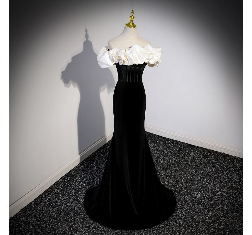 Short-Sleeve Gown Two Off Mermaid Velvet Shoulder Evening Tone Ruffle