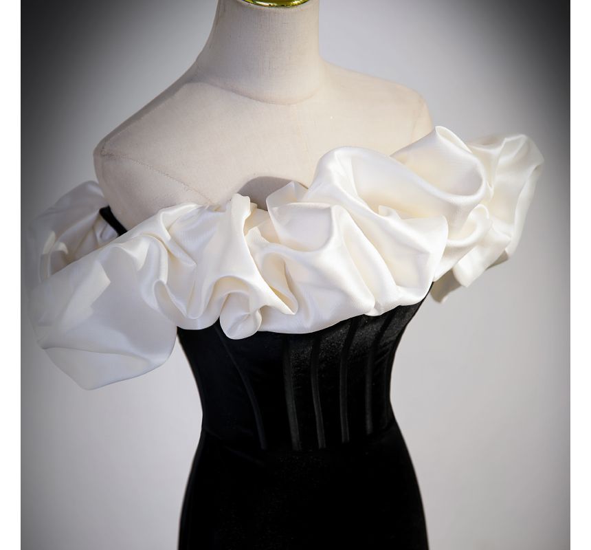 Short-Sleeve Gown Two Off Mermaid Velvet Shoulder Evening Tone Ruffle