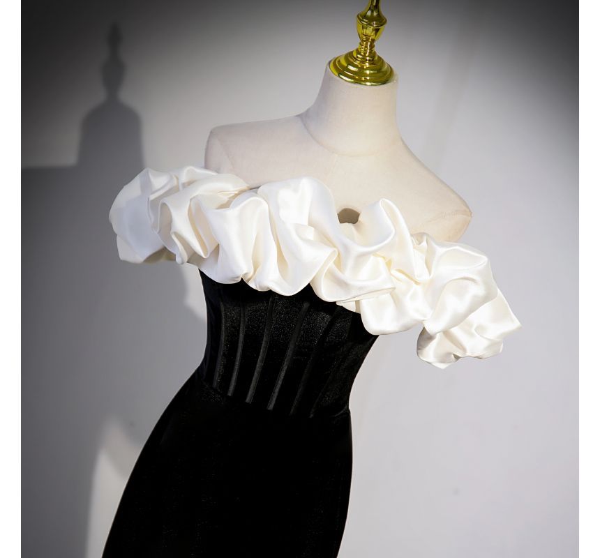 Short-Sleeve Gown Two Off Mermaid Velvet Shoulder Evening Tone Ruffle