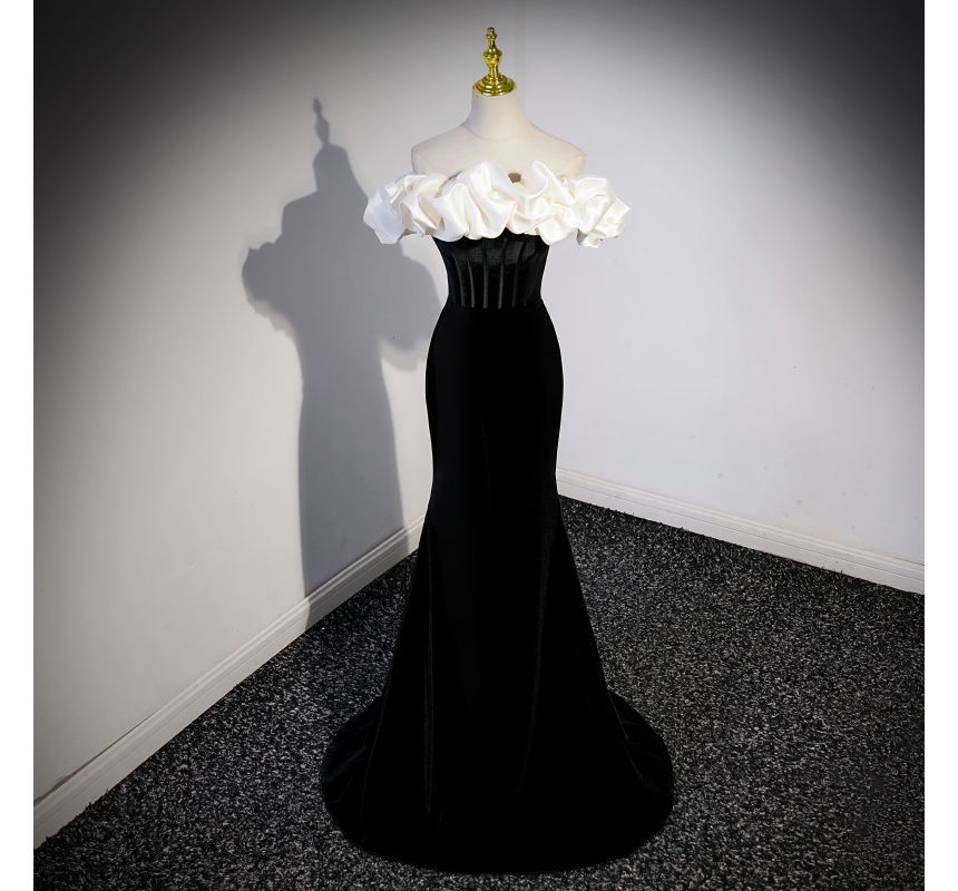 Short-Sleeve Gown Two Off Mermaid Velvet Shoulder Evening Tone Ruffle