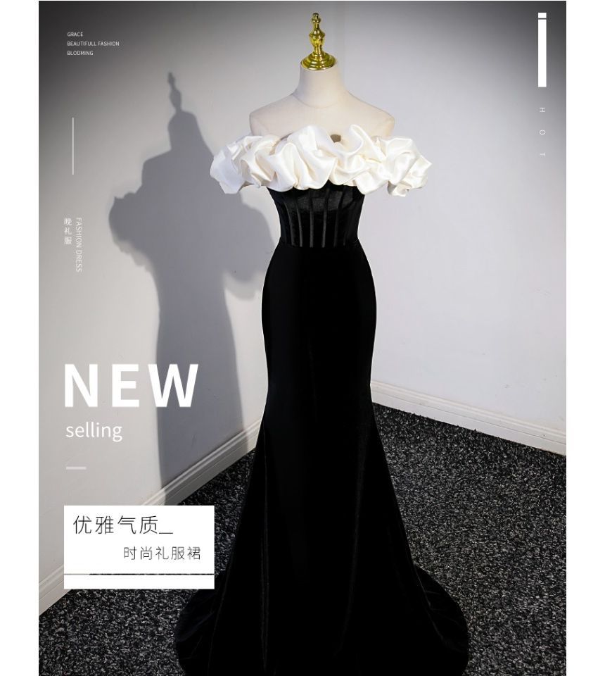 Short-Sleeve Gown Two Off Mermaid Velvet Shoulder Evening Tone Ruffle