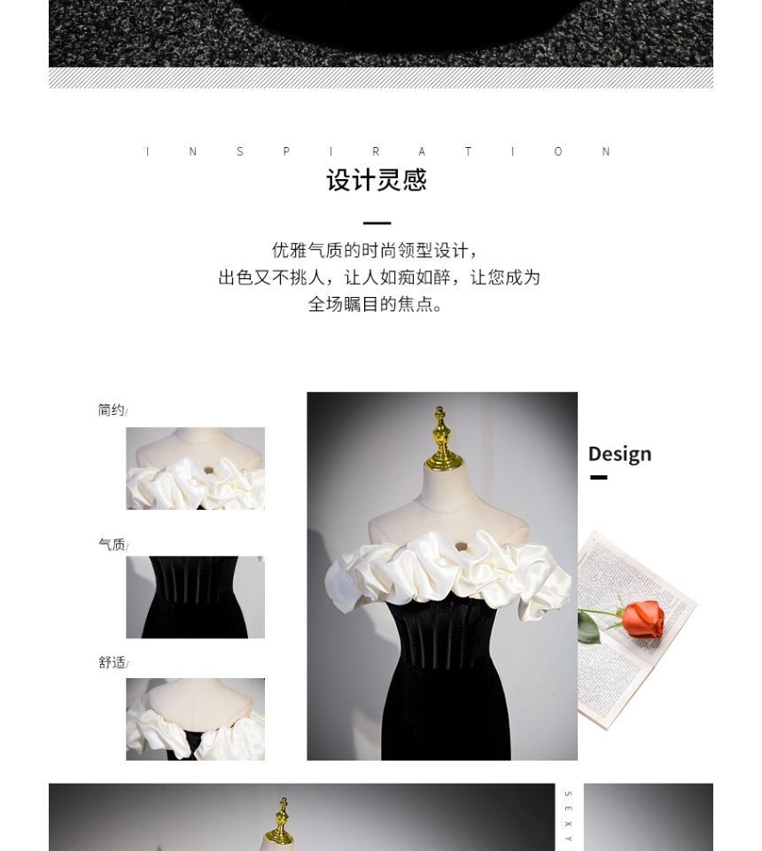 Short-Sleeve Gown Two Off Mermaid Velvet Shoulder Evening Tone Ruffle