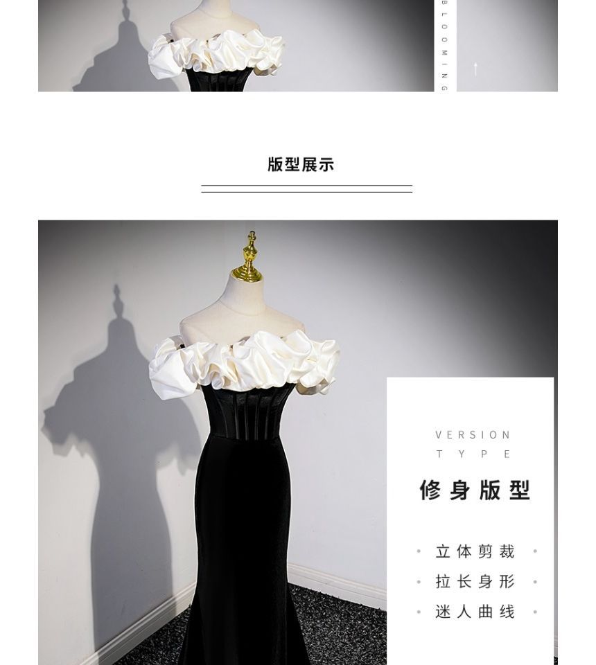 Short-Sleeve Gown Two Off Mermaid Velvet Shoulder Evening Tone Ruffle