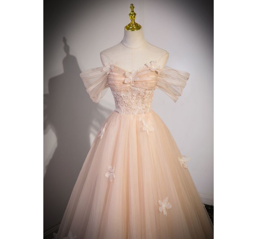 A-Line Shoulder Gown Panel Mesh Short-Sleeve Patterned Evening Off Floral