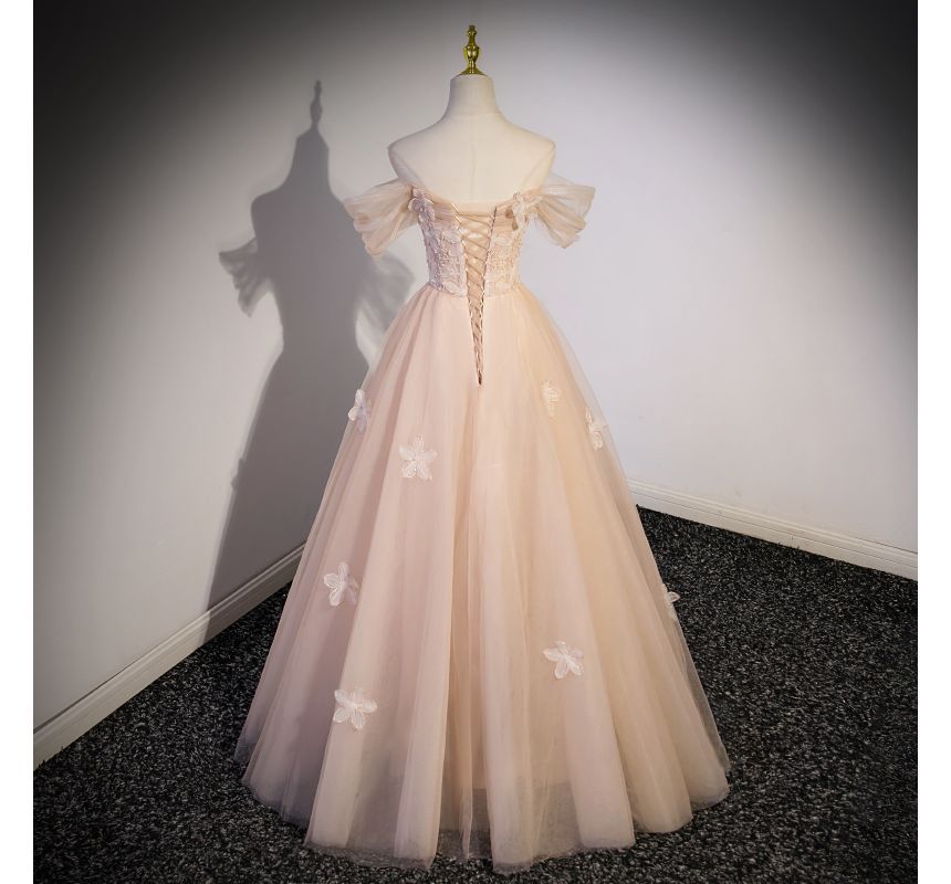 A-Line Shoulder Gown Panel Mesh Short-Sleeve Patterned Evening Off Floral