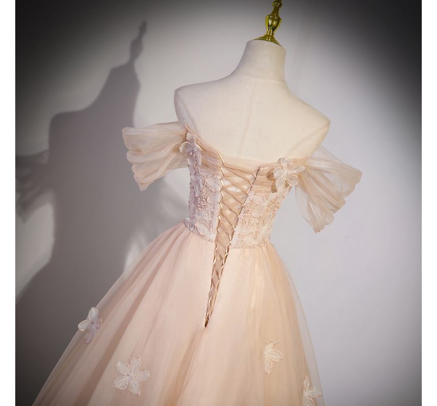 A-Line Shoulder Gown Panel Mesh Short-Sleeve Patterned Evening Off Floral