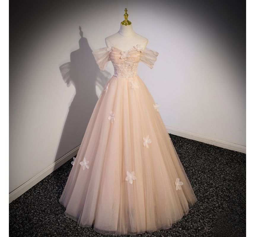 A-Line Shoulder Gown Panel Mesh Short-Sleeve Patterned Evening Off Floral