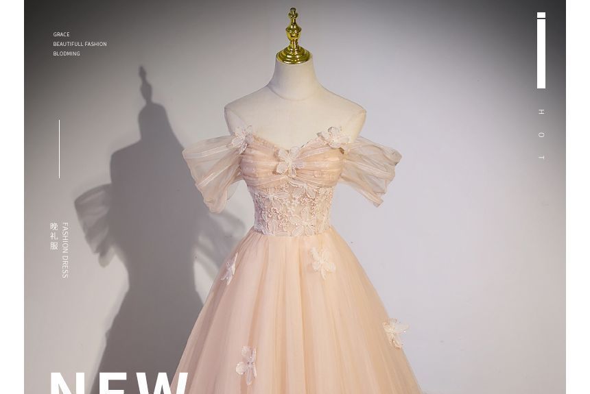 A-Line Shoulder Gown Panel Mesh Short-Sleeve Patterned Evening Off Floral