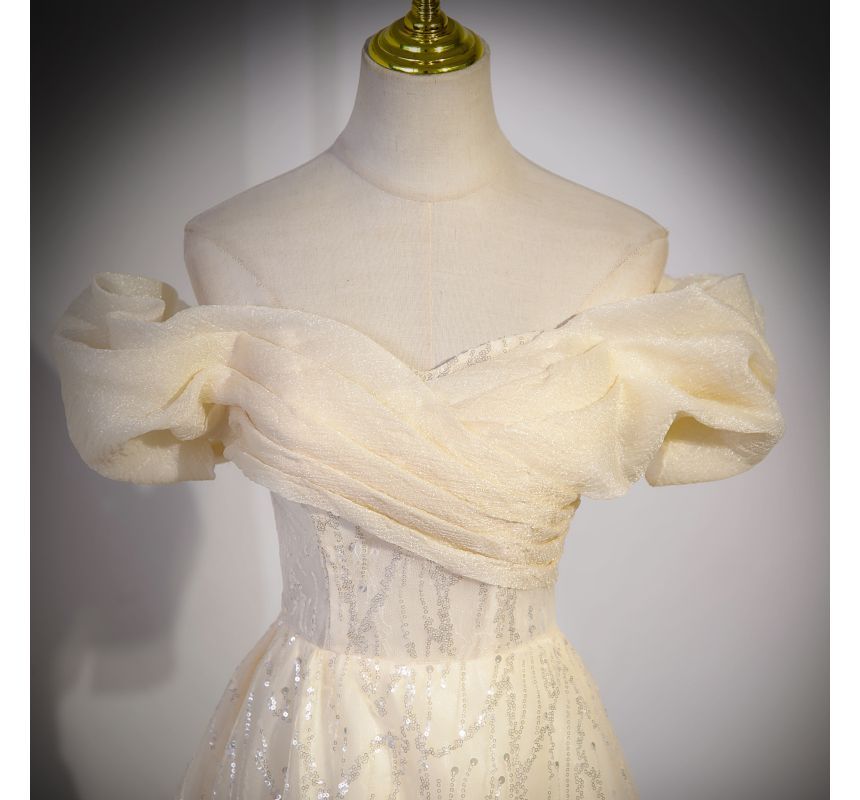 Shoulder Sequin Ruched Plain Off Mesh A-Line Evening Gown Short-Sleeve