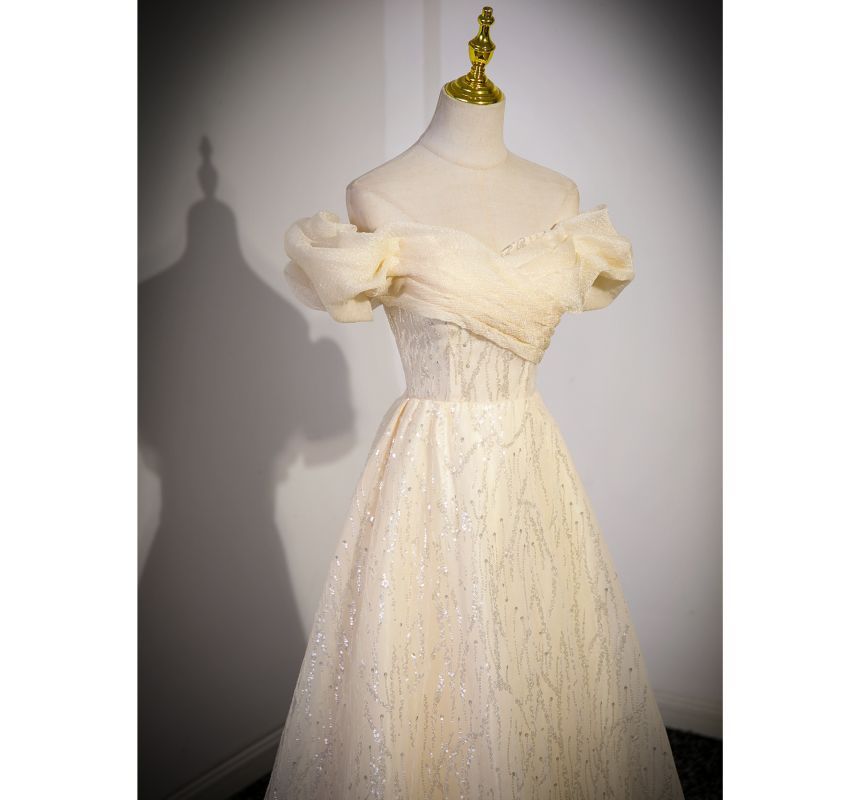 Shoulder Sequin Ruched Plain Off Mesh A-Line Evening Gown Short-Sleeve