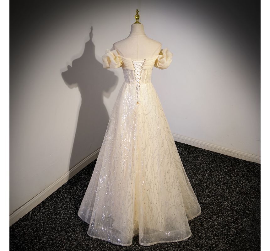 Shoulder Sequin Ruched Plain Off Mesh A-Line Evening Gown Short-Sleeve