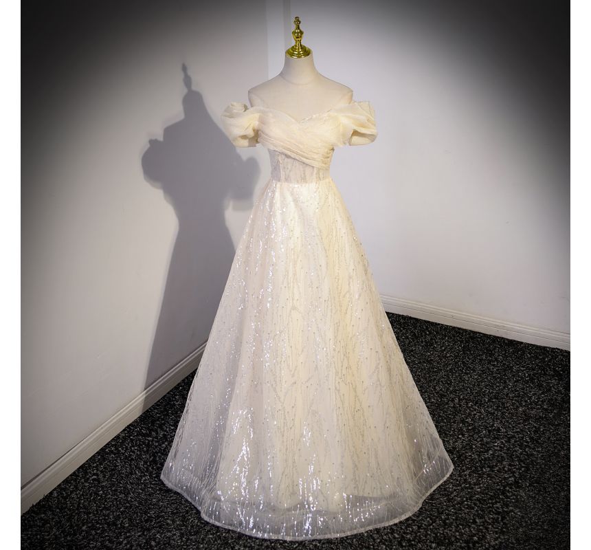 Shoulder Sequin Ruched Plain Off Mesh A-Line Evening Gown Short-Sleeve