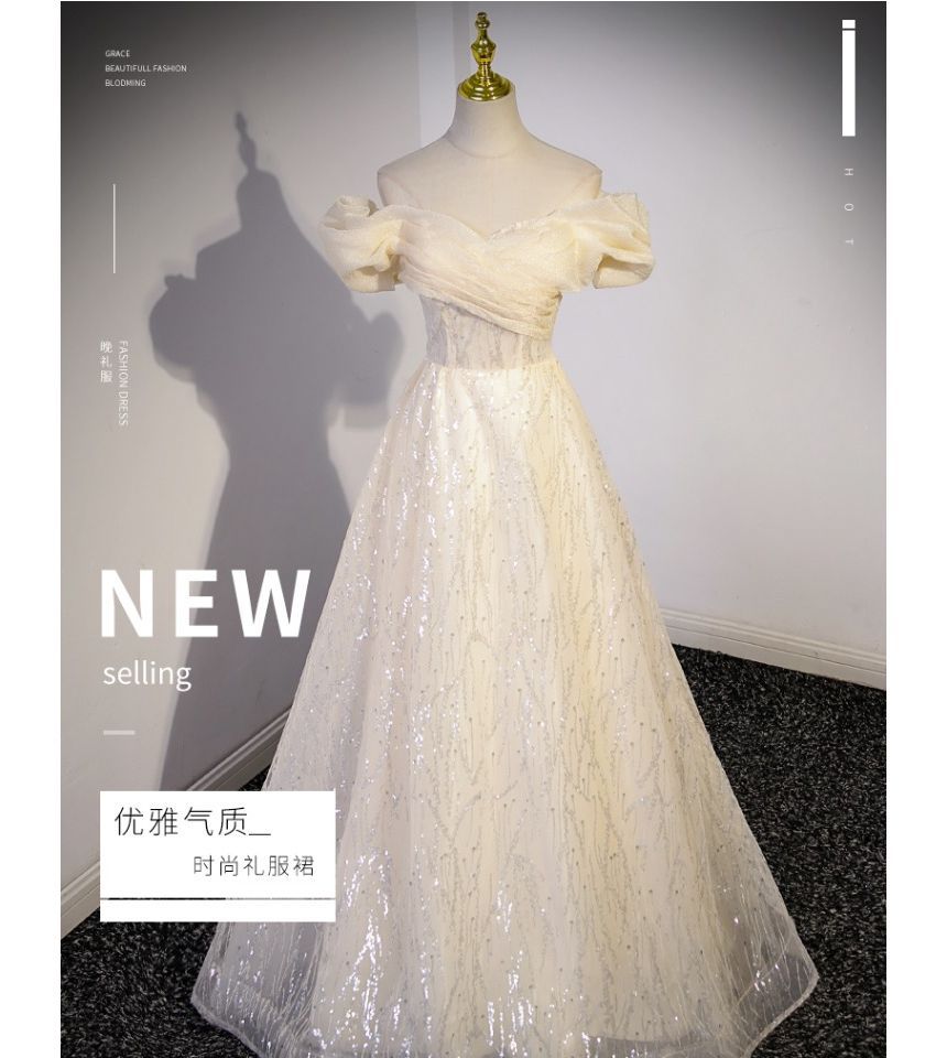 Shoulder Sequin Ruched Plain Off Mesh A-Line Evening Gown Short-Sleeve