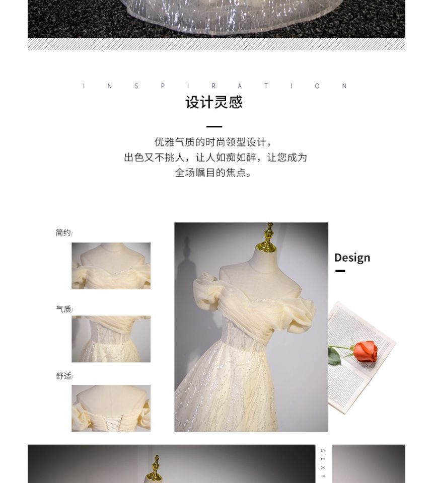 Shoulder Sequin Ruched Plain Off Mesh A-Line Evening Gown Short-Sleeve